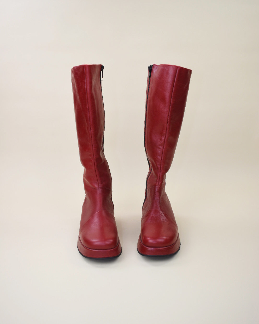 Red Leather Platform Boots - Size 7