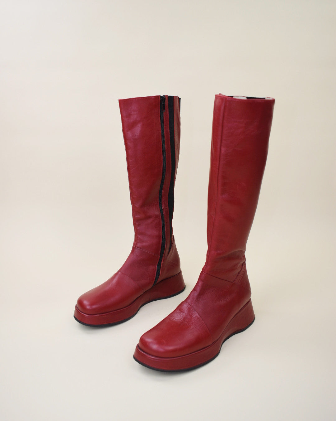 Red Leather Platform Boots - Size 7