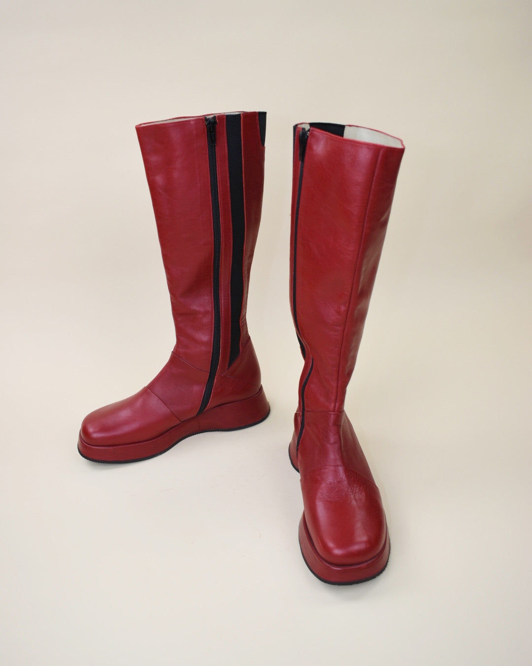 Red Leather Platform Boots - Size 7