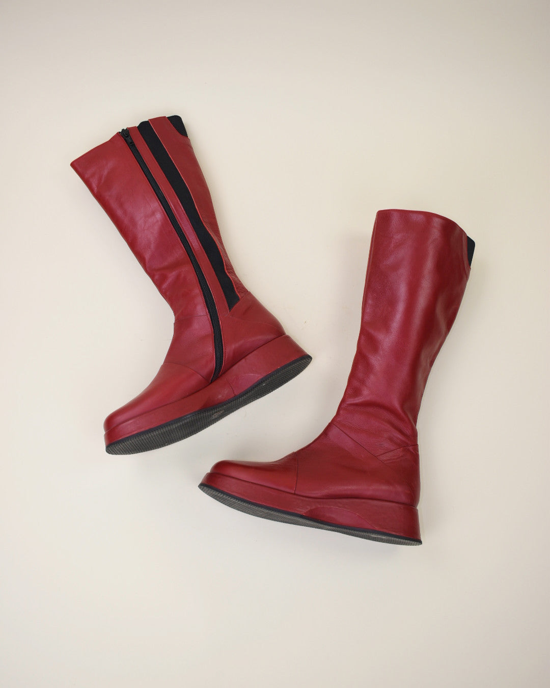 Red Leather Platform Boots - Size 7