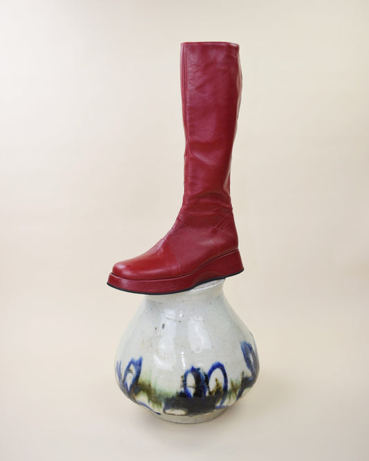 Red Leather Platform Boots - Size 7