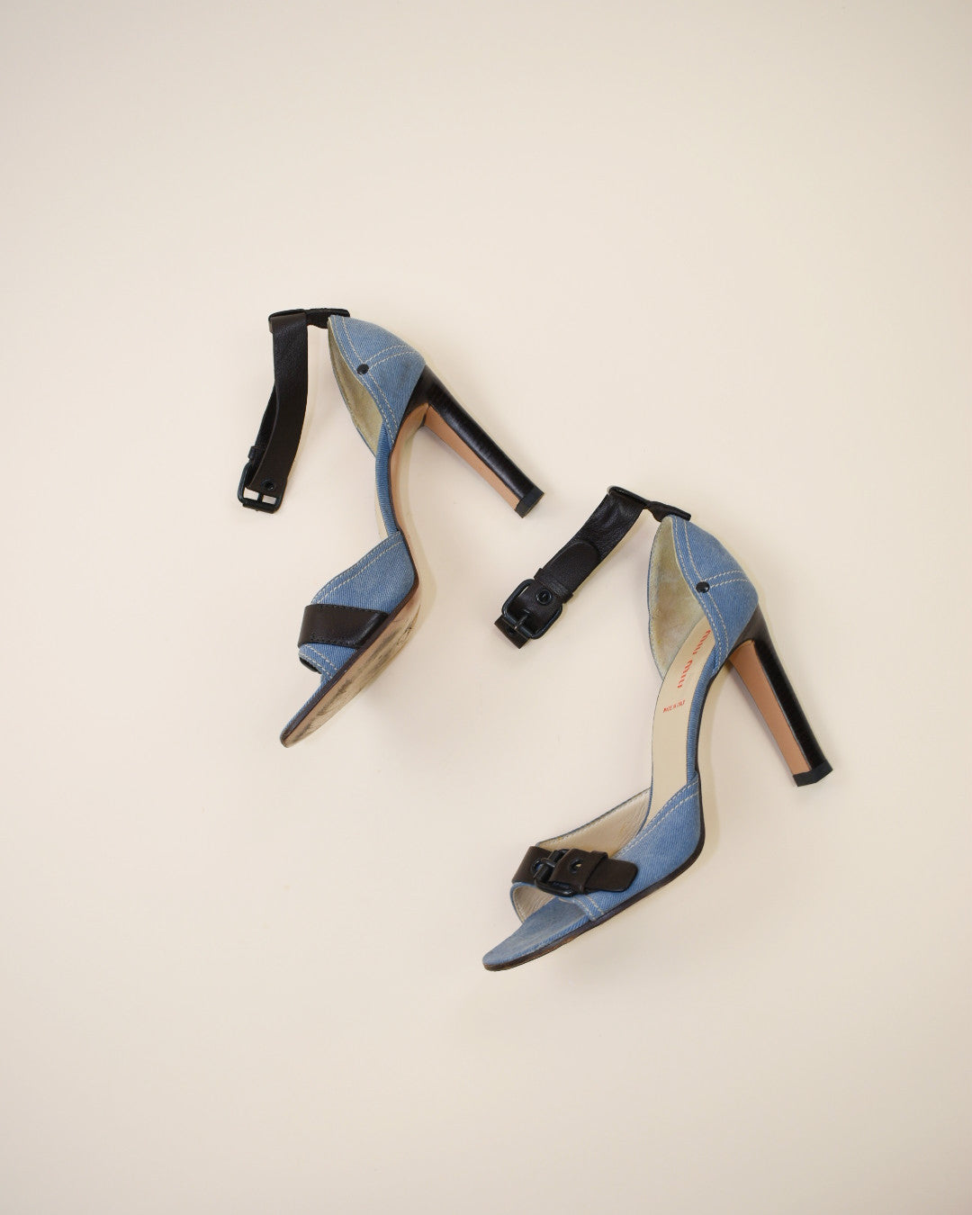 Miu Miu Denim and Leather Buckle Heels - Size 38.5, 8