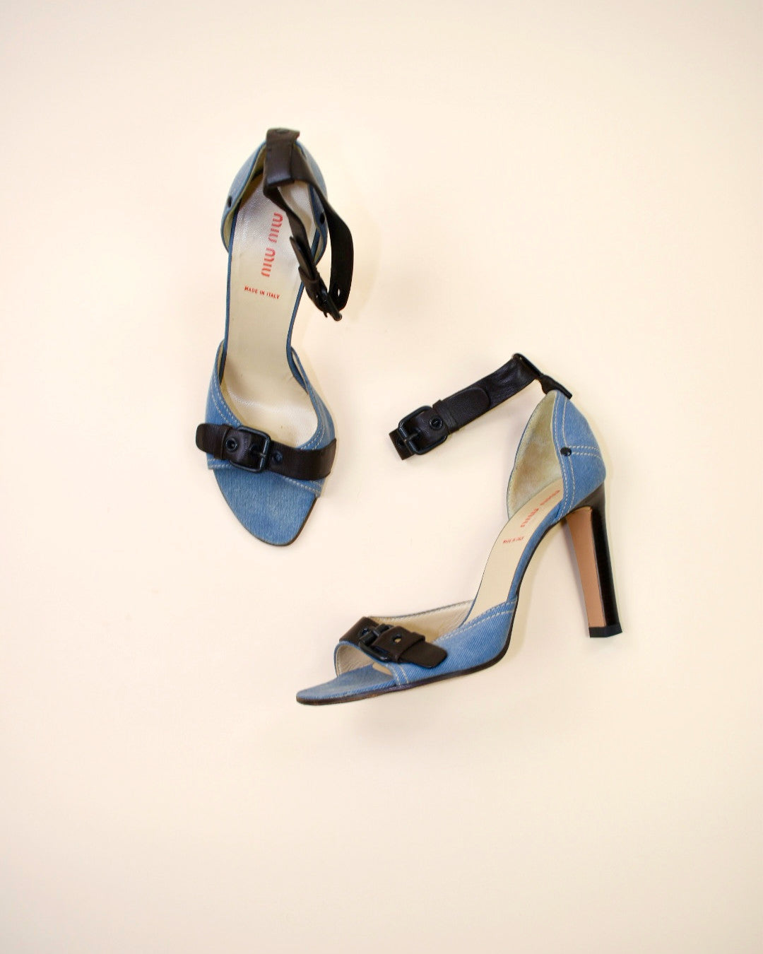 Miu Miu Denim and Leather Buckle Heels - Size 38.5, 8