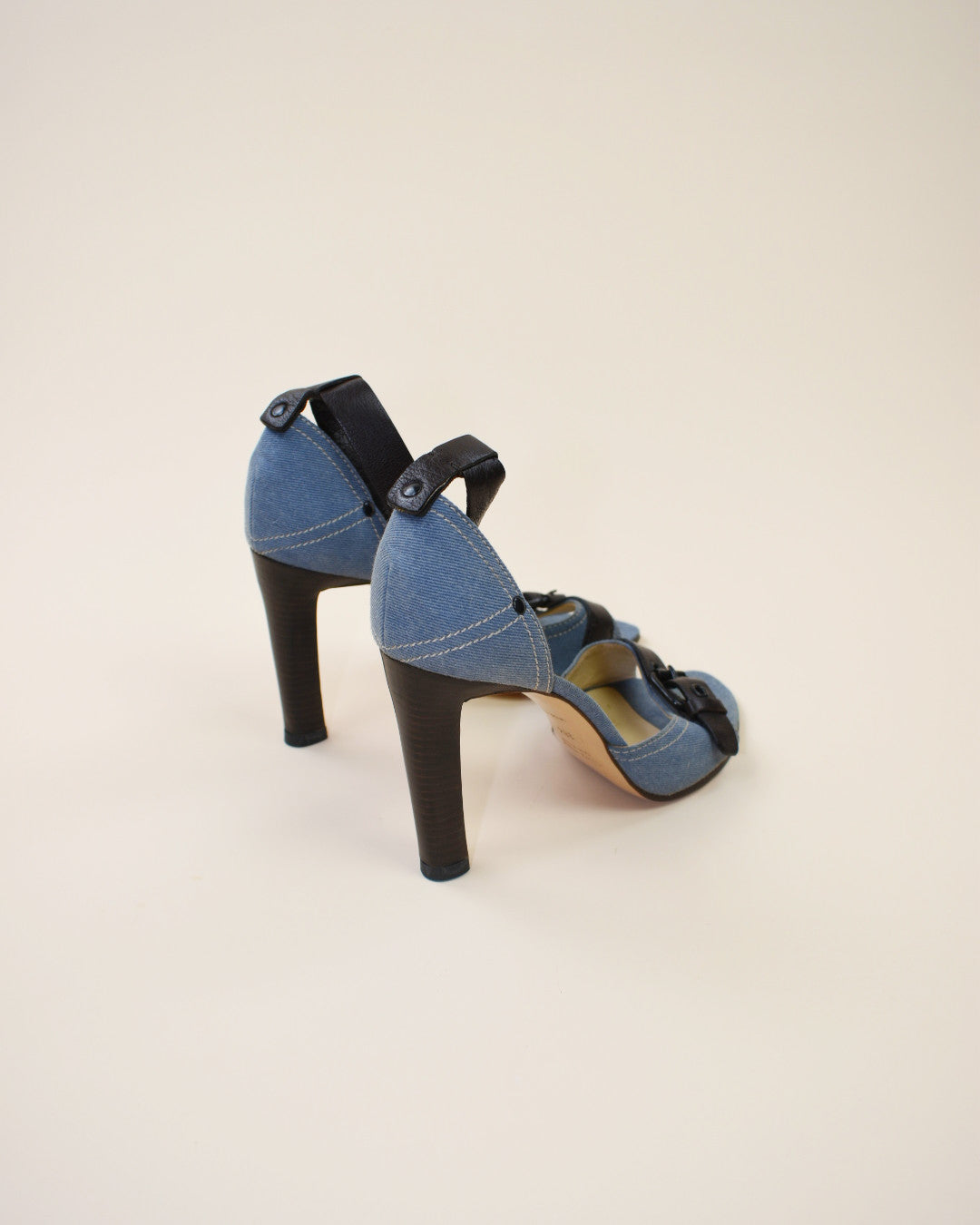 Miu Miu Denim and Leather Buckle Heels - Size 38.5, 8