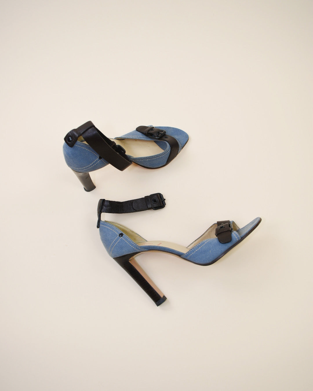 Miu Miu Denim and Leather Buckle Heels - Size 38.5, 8