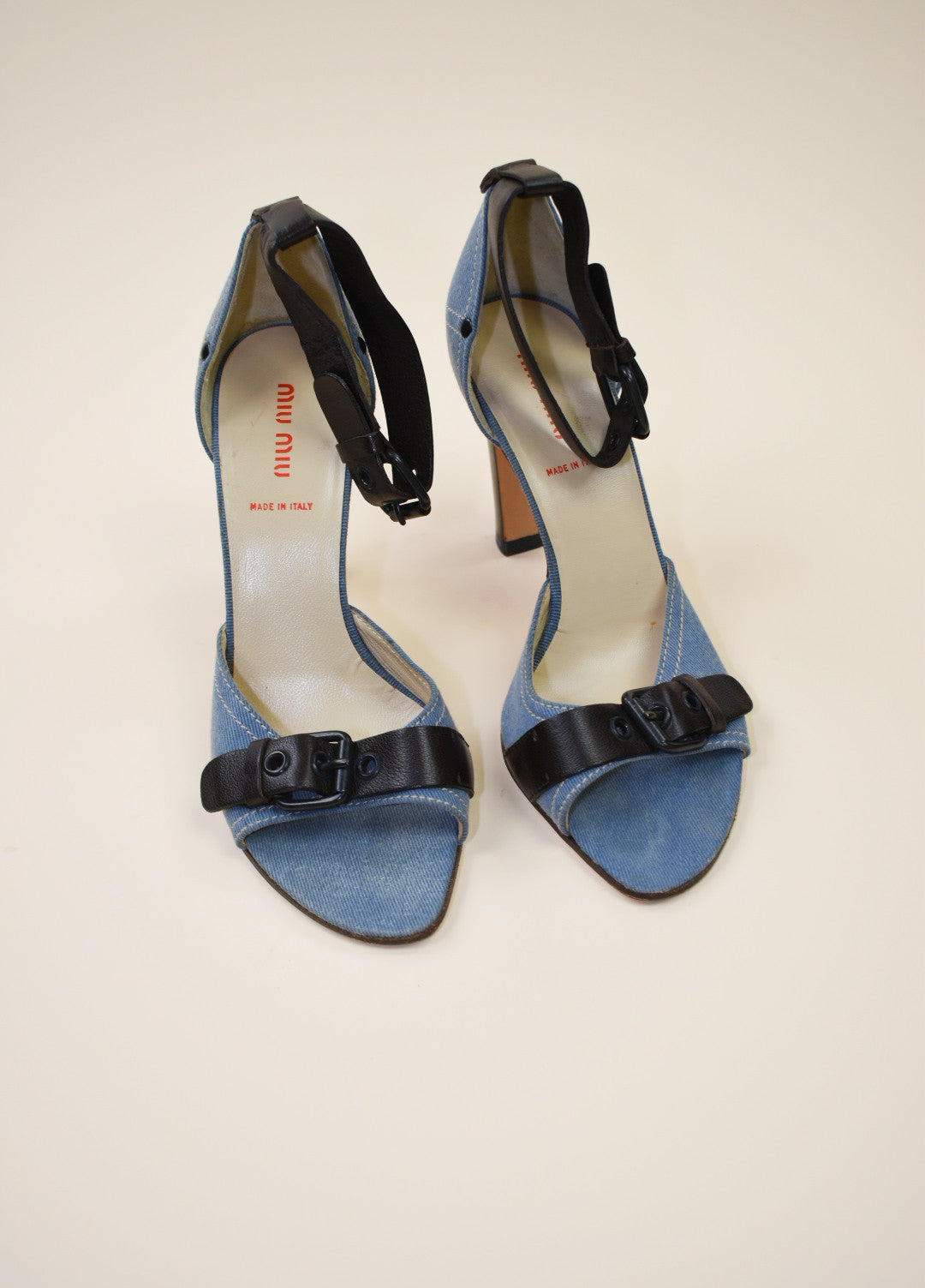 Miu Miu Denim and Leather Buckle Heels - Size 38.5, 8
