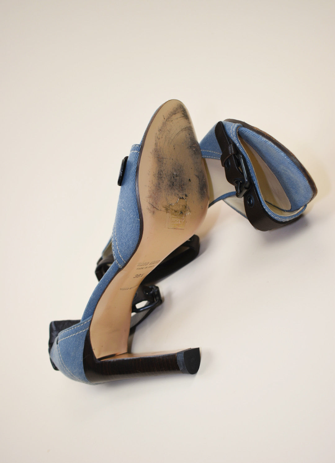 Miu Miu Denim and Leather Buckle Heels - Size 38.5, 8
