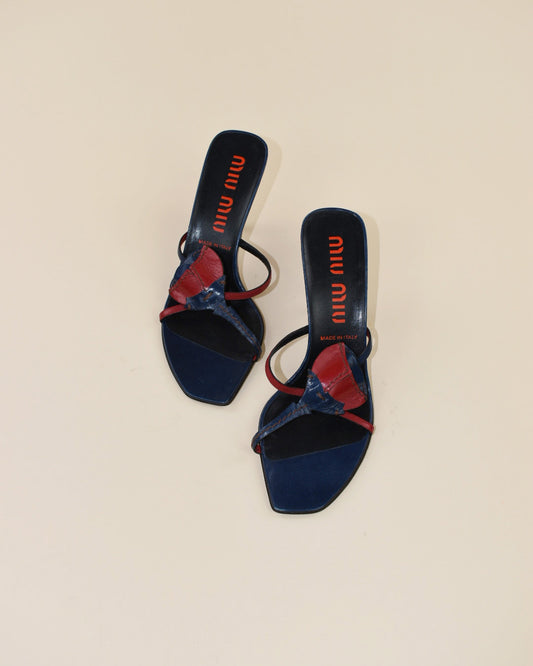 Miu Miu Navy Blue Rose Heels - Size 37, 6.5