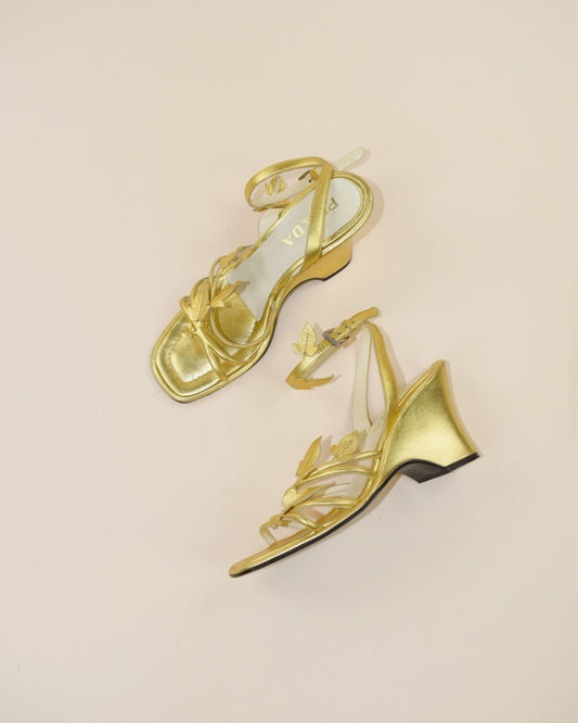 Vintage 1997 Prada Gold Leaf Wedge - Size 37.5, 7