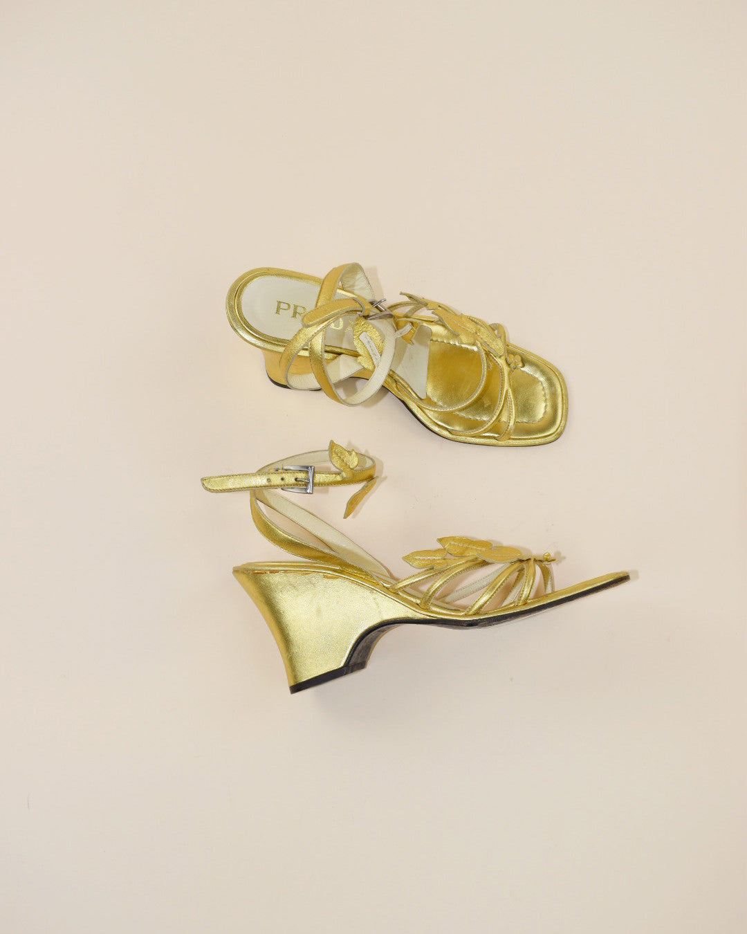 Vintage 1997 Prada Gold Leaf Wedge - Size 37.5, 7