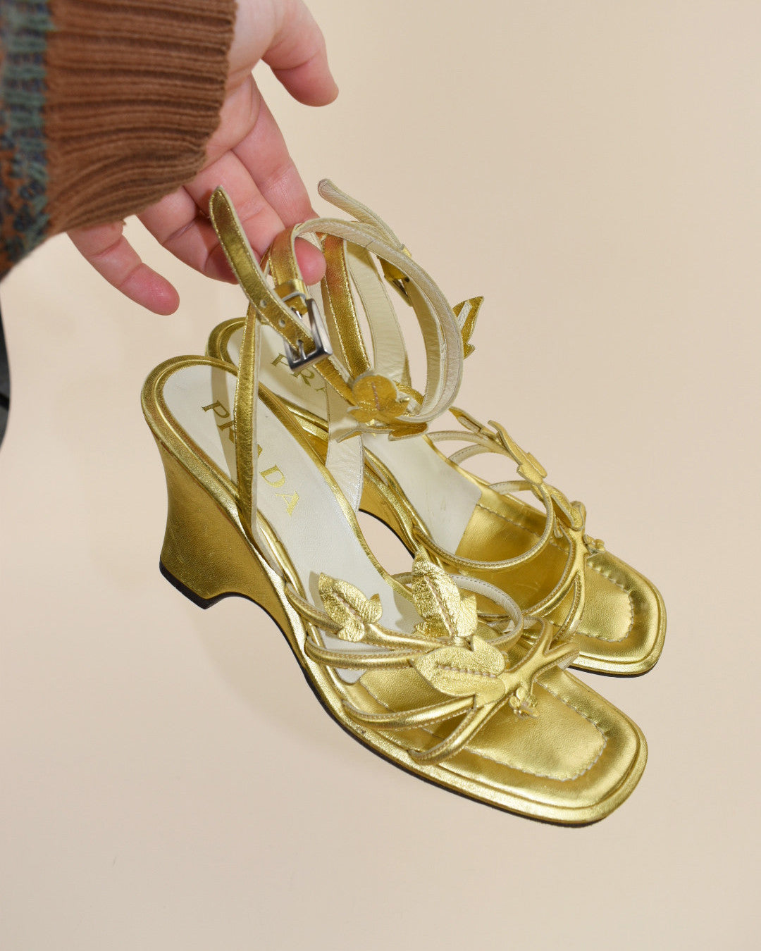 Vintage 1997 Prada Gold Leaf Wedge - Size 37.5, 7