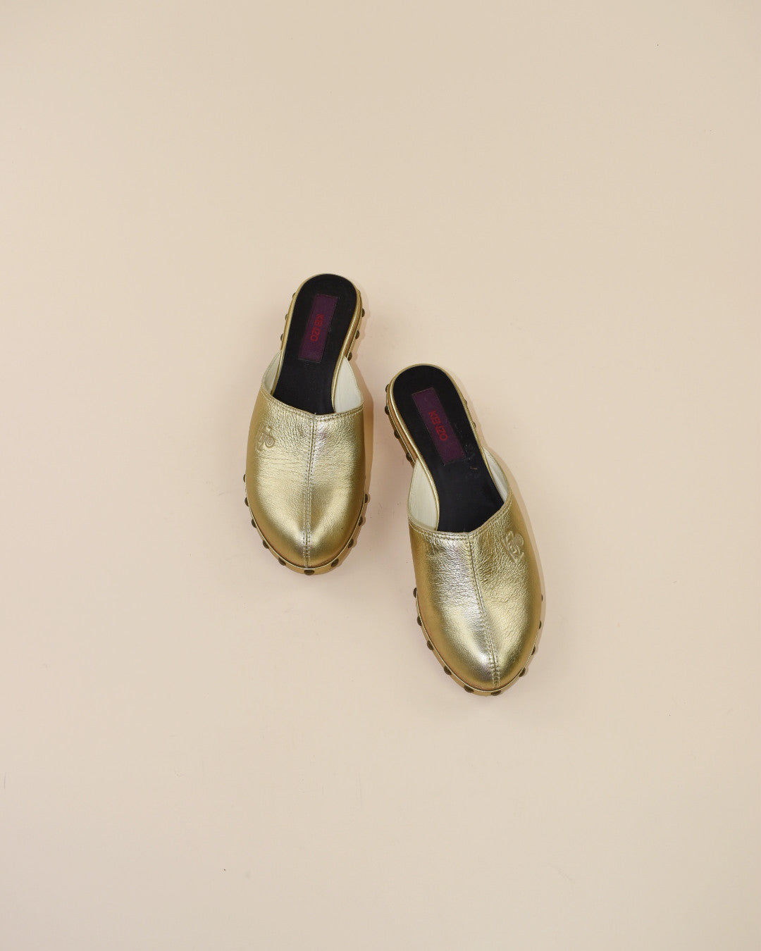Kenzo Gold Leather Studded Clogs - Size 37, 6.5