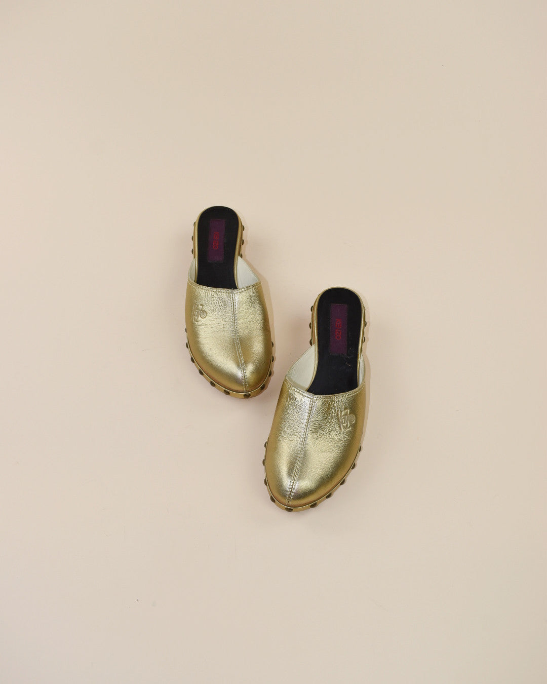 Kenzo Gold Leather Studded Clogs - Size 37, 6.5