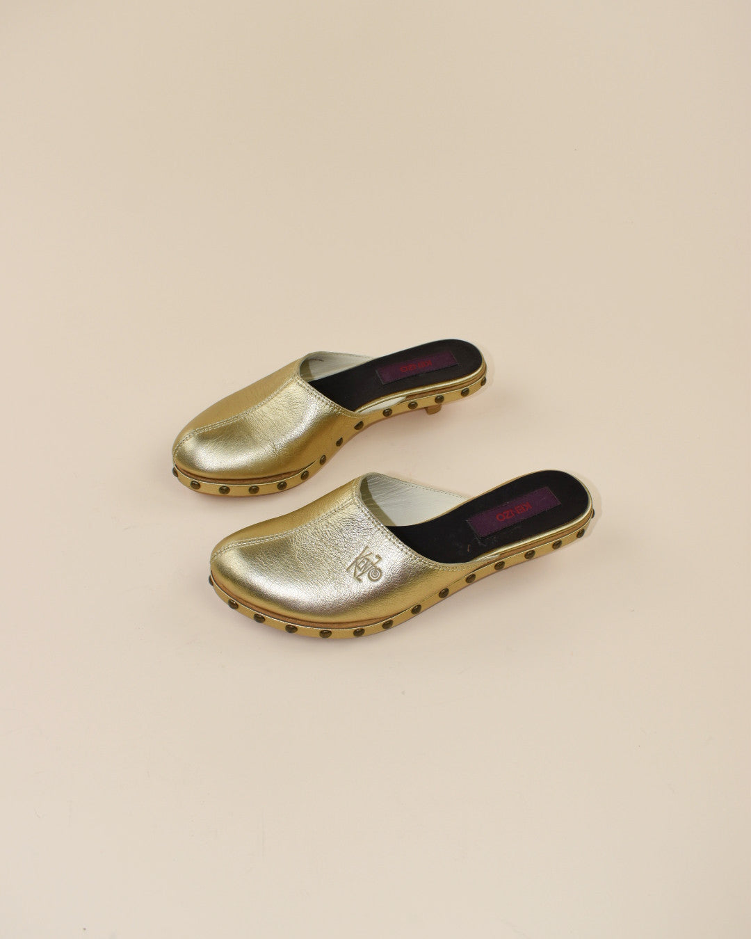 Kenzo Gold Leather Studded Clogs - Size 37, 6.5