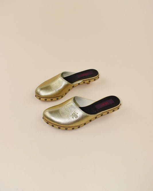 Kenzo Gold Leather Studded Clogs - Size 37, 6.5