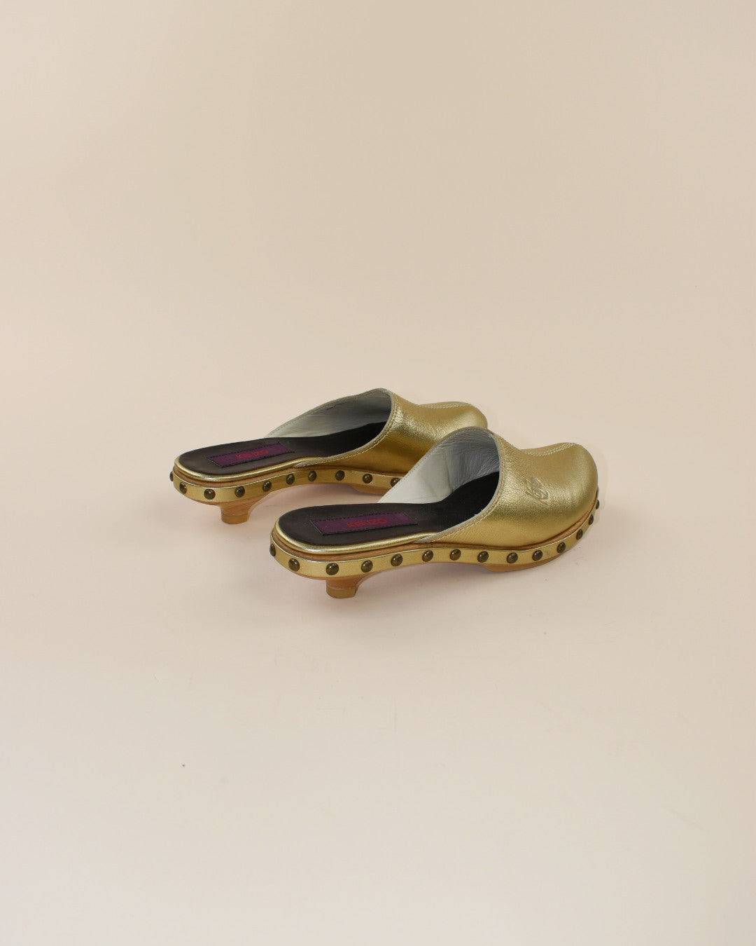 Kenzo Gold Leather Studded Clogs - Size 37, 6.5