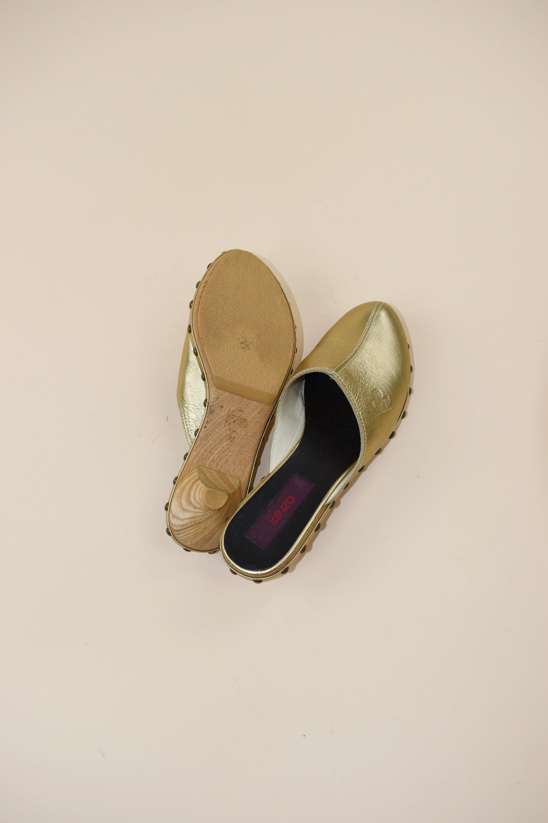 Kenzo Gold Leather Studded Clogs - Size 37, 6.5