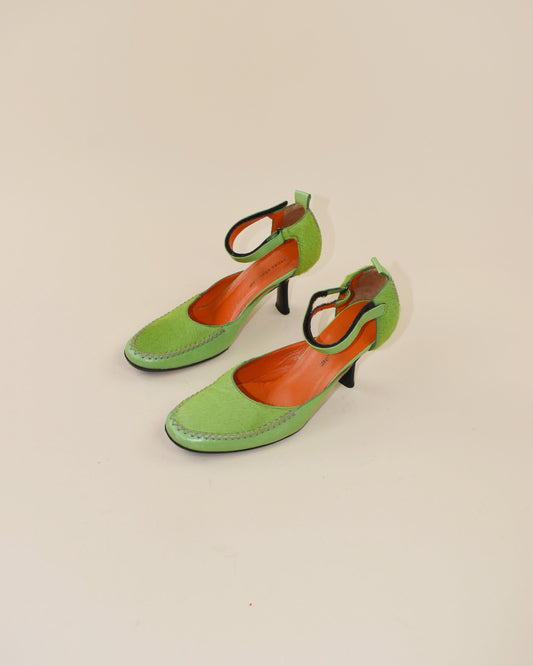 Green Pony Hair Mary Janes - Size 36, 5.5